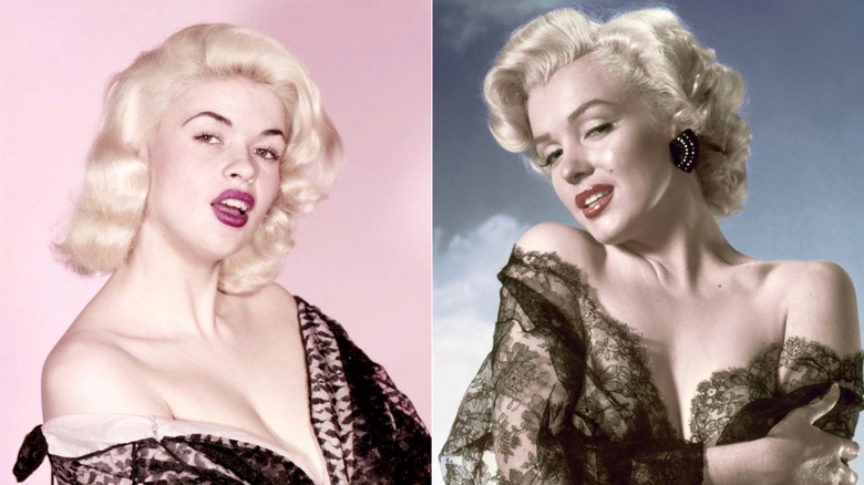 Split image of Jayne Mansfield and Marilyn Monroe with robes slipping off their bare shoulders.
