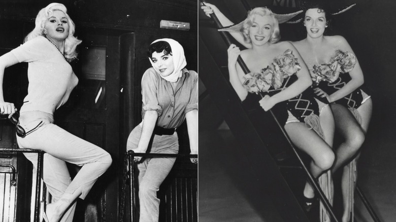 Split image of Jayne Mansfield and Joan Collins posing on a railing and Marilyn Monroe and Jane Russell posing on on steep stairs.