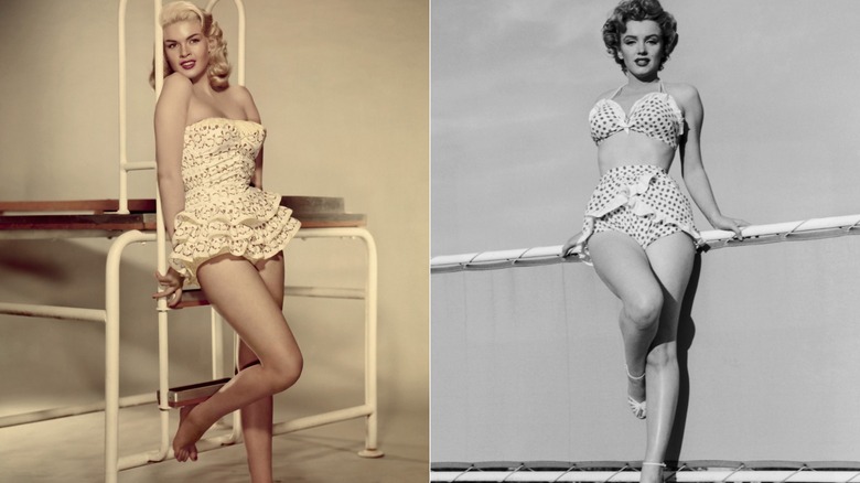 Split image of Jayne Mansfield and Marilyn Monroe posing in ruffled swimsuits.