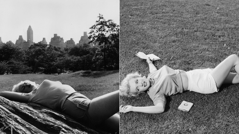 Split image of Jayne Mansfield reclining on a large rock in Central Park and Marilyn Monroe lying in the grass with books.