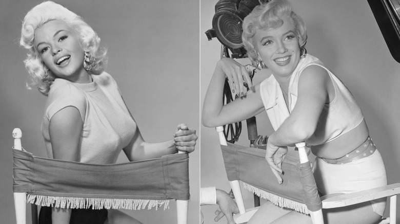 Split image of Jayne Mansfield and Marilyn Monroe sitting in director's chairs.