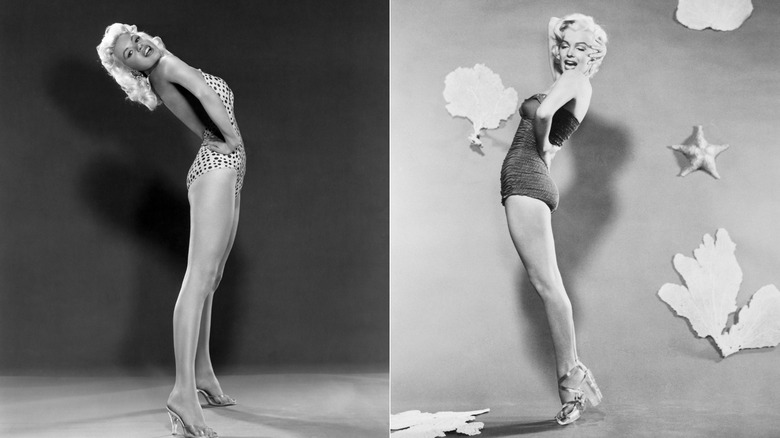 Split image of Jayne Mansfield and Marilyn Monroe arching their backs in one-piece swimsuits and high heels.