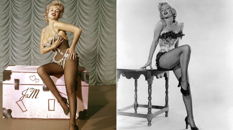 Split image of Jayne Mansfield sitting on a trunk in a corseted bodysuit and Marilyn Monroe sitting on a table in a similar outfit.