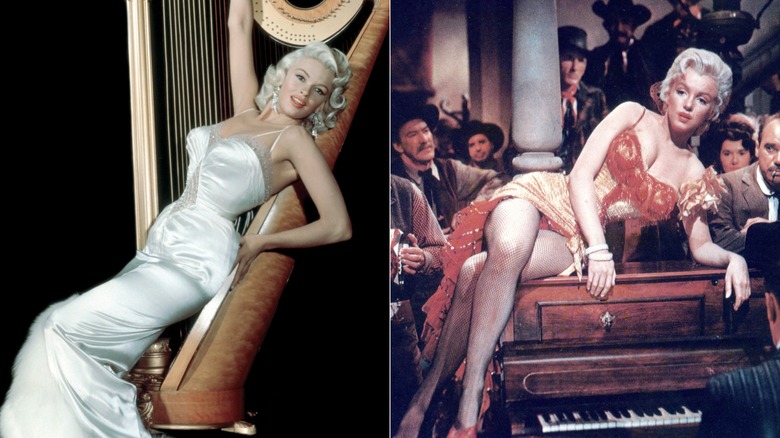 Split image of Jayne Mansfield reclining on a harp and Marilyn Monroe propping herself up on one elbow while seated atop a piano.