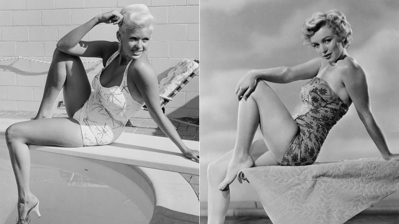 Split image of Jayne Mansfield and Marilyn Monroe sitting on diving boards with one knee up.
