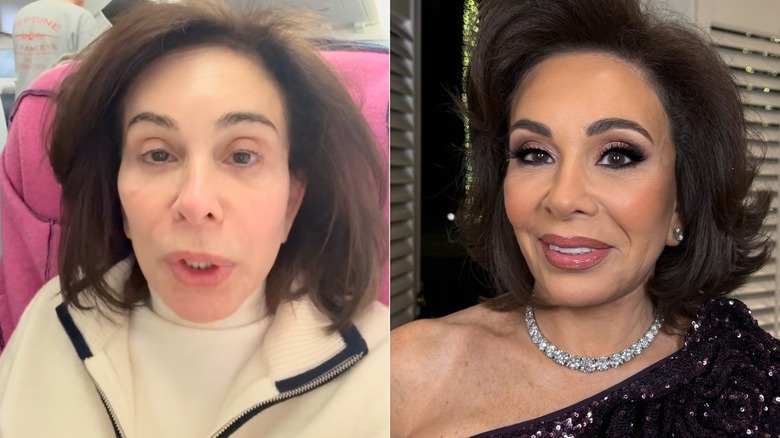 Judge Jeanine Pirro in side by side photos, one with no makeup, one with full glamour makeup