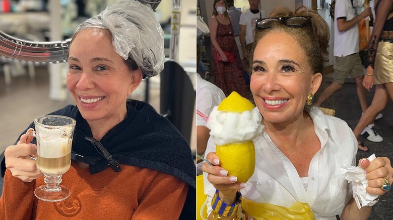 Judge Jeanine Pirro in a salon with no makeup, next to a photo with daytime makeup