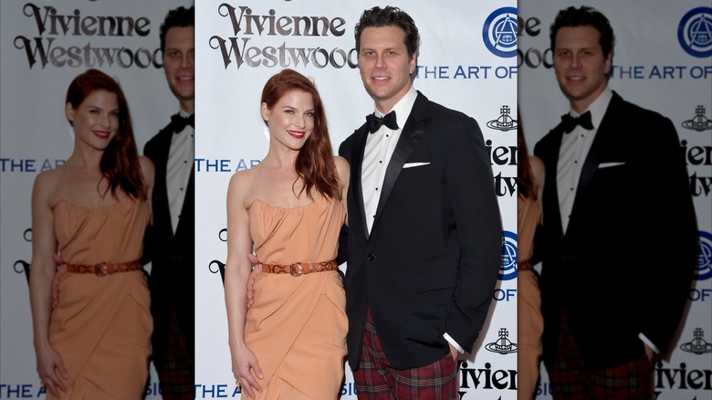Ali Larter red hair light orange strapless dress Hayes MacArthur tuxedo