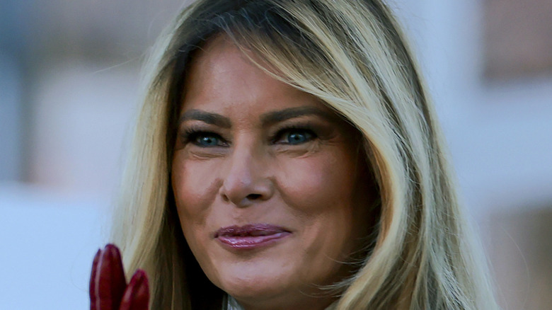 First lady Melania Trump welcomes the official 2025 White House Christmas Tree outside the North Portico of the White House on November 24, 2025 in Washington, DC (2025)