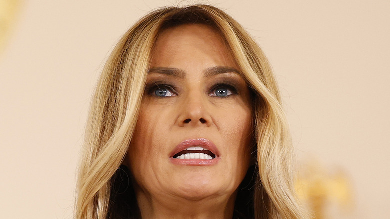 First lady Melania Trump departs after delivering a statement in the Grand Foyer at the White House on October 10, 2025 in Washington, DC (2025)