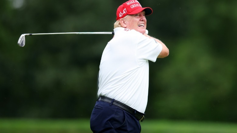 Donald Trump golfs prior to the LIV Golf Invitational in Bedminster, NJ (2023)