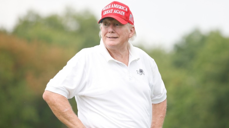 Donald Trump looks on during the LIV Golf Invitational at Trump National Golf Club in Bedminster, NJ (2022)