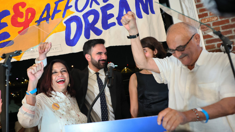Zohran Mamdani and wife Rama Duwaji celebrating his win in the Democratic primary with Mamdani's parents