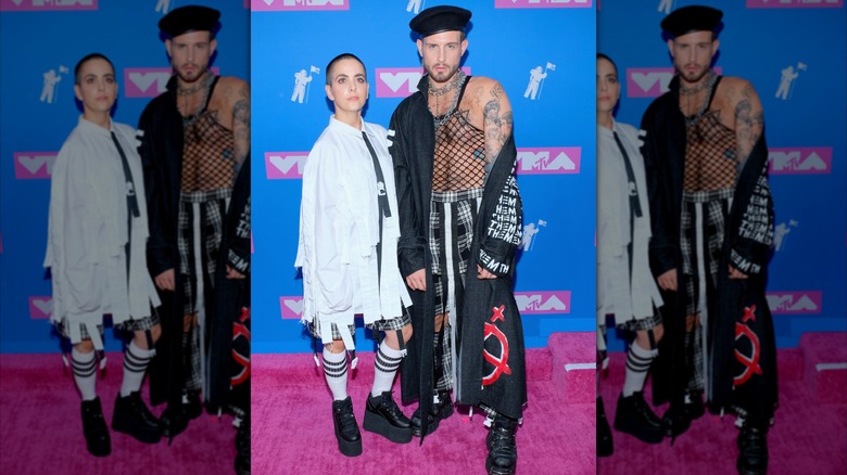 (l-r): Bethany C. Meyers and Nico Tortorella standing next to each other at the VMAs.