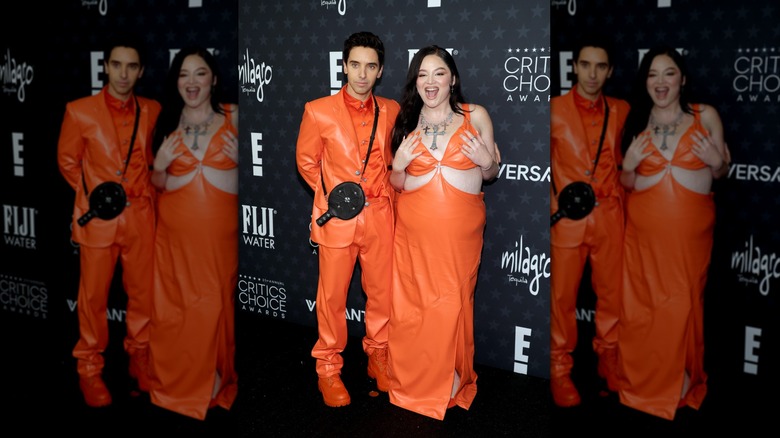 (l-r): Paul W. Downs and Megan Stalter at the Golden Globes in January 2026