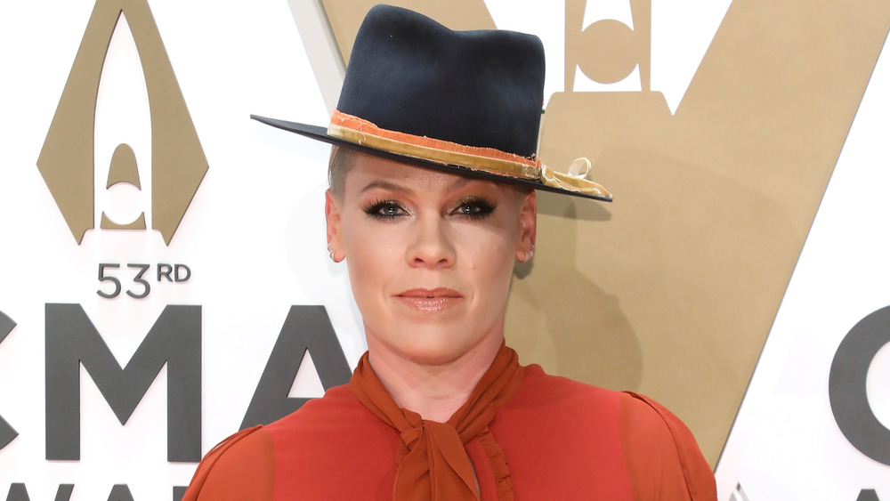 Pink wearing a hat