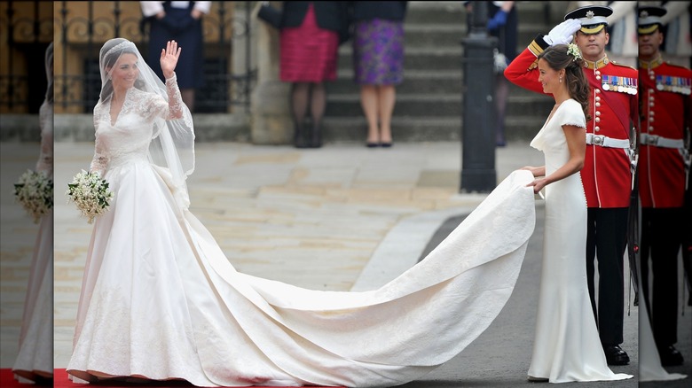 Kate Middleton looking back and waving while Pippa Middleton holds the train of her wedding dress