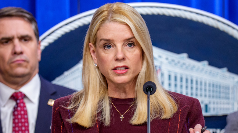 Pam Bondi delivering an address at the White House
