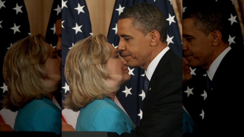 Hillary Clinton and Barack Obama hugging
