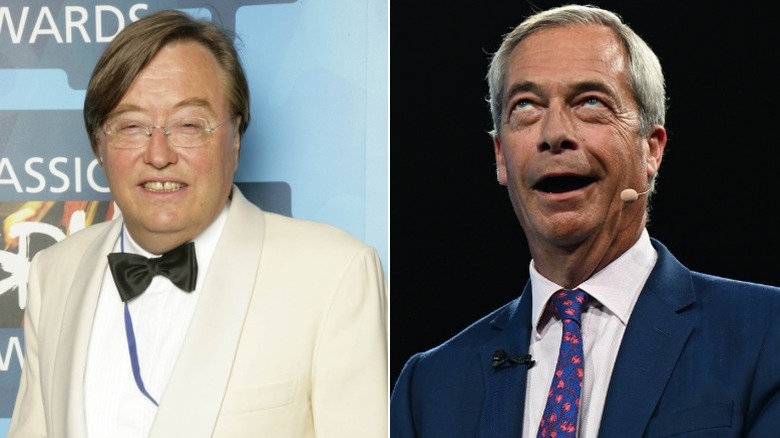 Split image of David Mellor smiling in a white suit with a black bowtie and Nigel Farage making a silly face onstage