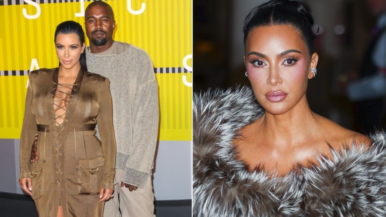 Side by side image of Kim Kardashian posing in a lace-up dress with Kanye West and Kim posing in a fur stole