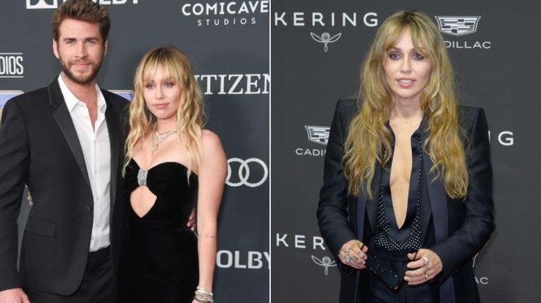 Side by side image of Miley Cyrus with ex Liam Hemsworth and Miley in black suit