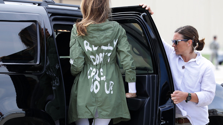 Melania Trump's Zara jacket, which is inappropriate for a presidential family member