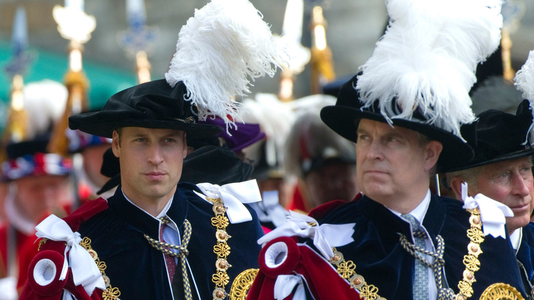 Prince William looking at Prince Andrew while both wear big feathered caps