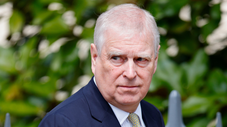 Prince Andrew looking sideways with a serious expression