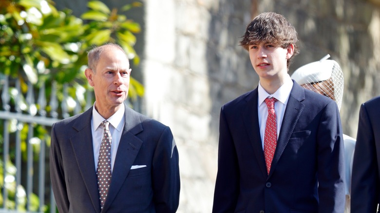 Prince Edward and his son James walking together.