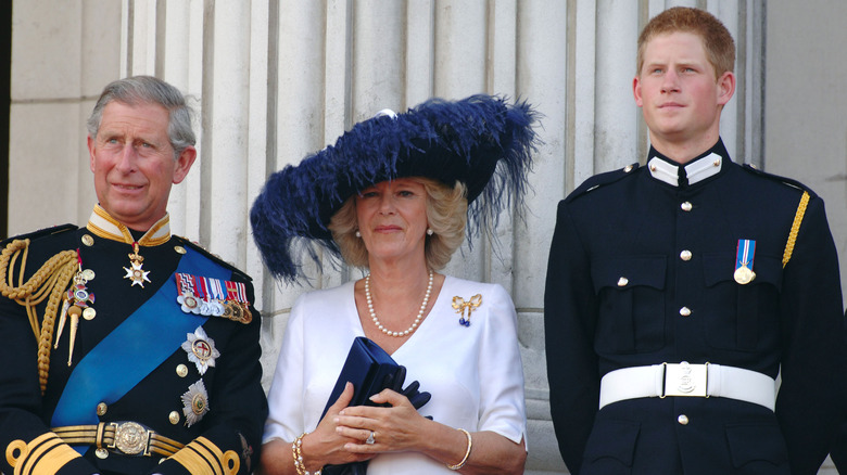King Charles, Queen Camilla, and Prince Harry all staring ahead into the distance