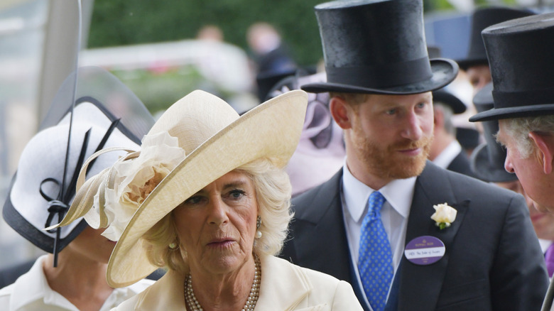 Queen Consort Camilla Parker Bowles walking in front of Prince Harry