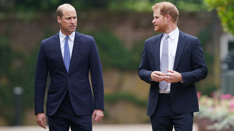 Prince Harry speaking to a frowning Prince William