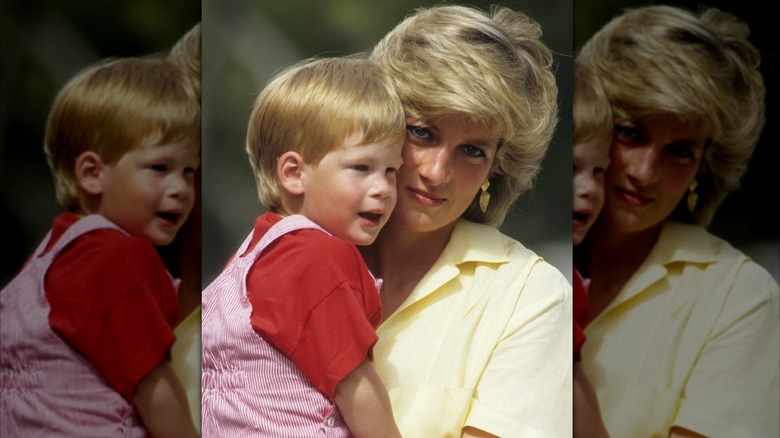 Princess Diana holding Prince Harry as a toddler