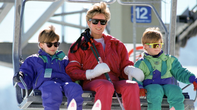 Prince William, Princess Diana, and Prince Harry on ski lift