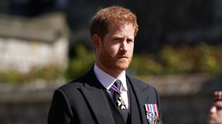 Prince Harry arrives for the funeral of Prince Philip, Duke of Edinburgh at St George's Chapel at Windsor Castle on April 17, 2021 in Windsor, England.