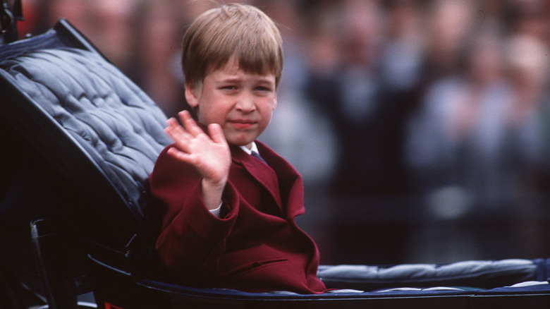 A young Prince William rides in an open carriage during the Trooping the Colour on June 11, 1988 in London, United Kingdom (1988)