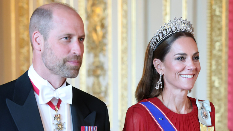 William, Prince of Wales and Catherine, Princess of Wales arriving for the state dinner with Emmanuel and Brigitte Macron