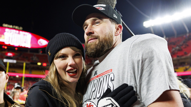 Taylor Swift hugging Travis Kelce after Super Bowl win 2025