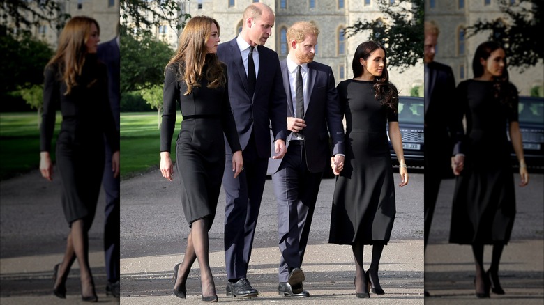 Kate Middleton, Prince William, Prince Harry, and Meghan Markle walking
