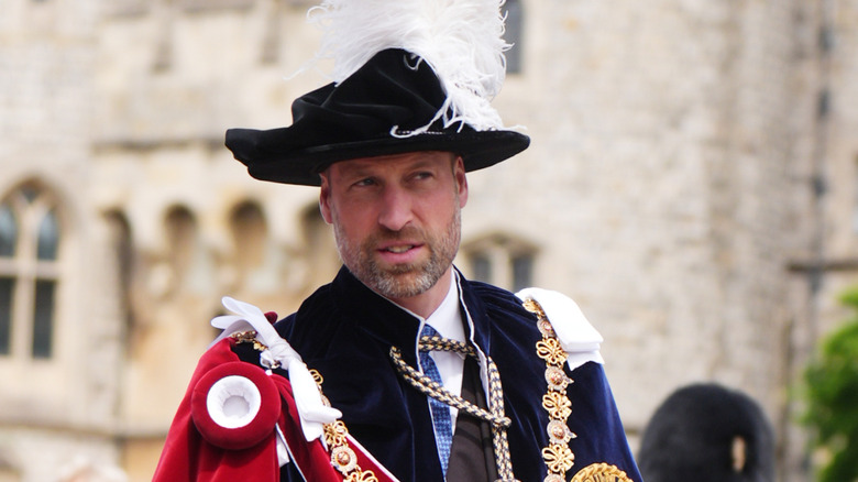 Prince William looking pensive while dressed in full royal regalia