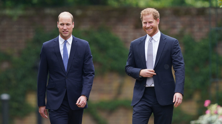 Prince William and Prince Harry walking together after dedicating a statue to Princess Diana at Kensington Palace