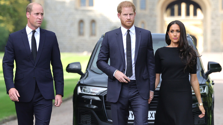 Catherine, Princess of Wales, Prince William, Prince of Wales, Prince Harry, and Meghan Markle at the late Queen Elizabeth II's funeral