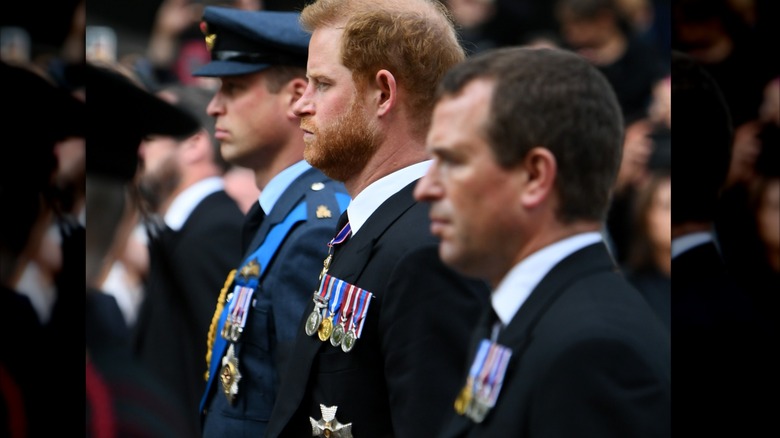 Prince William, Prince Harry, and Peter Phillips in a line