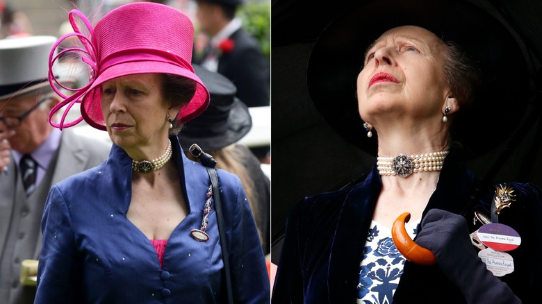 Princess Anne in a pink hat with a blue coat and later looking up in a dark coat and a blue print dress