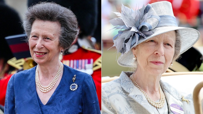 Princess Anne in blue wearing a three-string pearl necklace and later in a gray suit wearing the same necklace