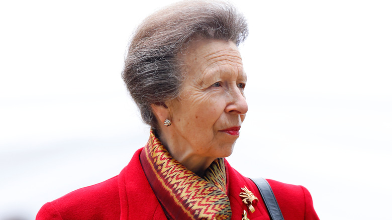 Princess Anne in red dress wearing horse brooch