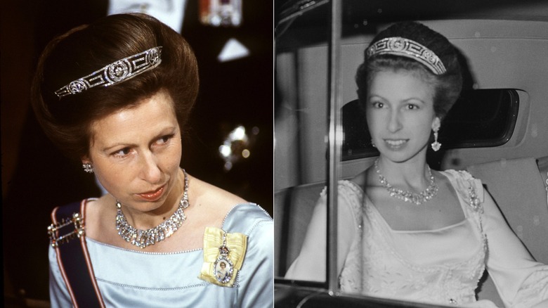 Princess Anne on two separate nights wearing the Meander Tiara