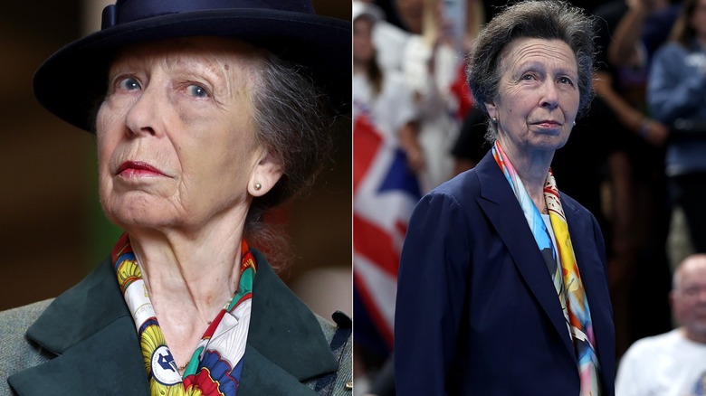 Princess Anne in green and later in a blue jacket wearing a bright scarf both times