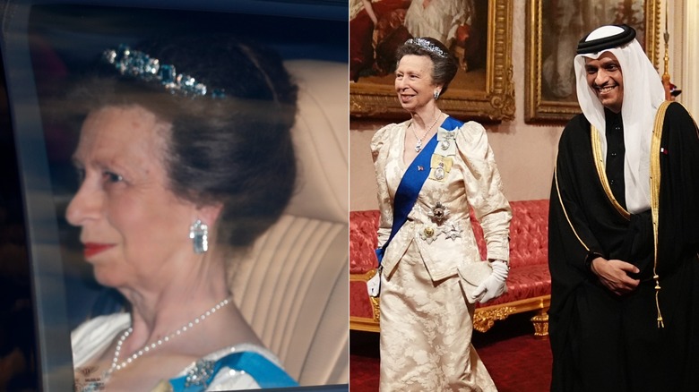 Princess Anne in a car wearing a tiara and years later at a state banquet in a cream dress and the same tiara